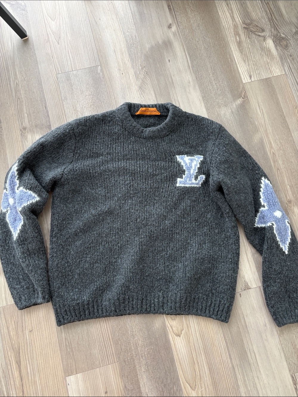 Louis Vuitton Dark Gray Crewneck Sweater with Light Blue Logo Details